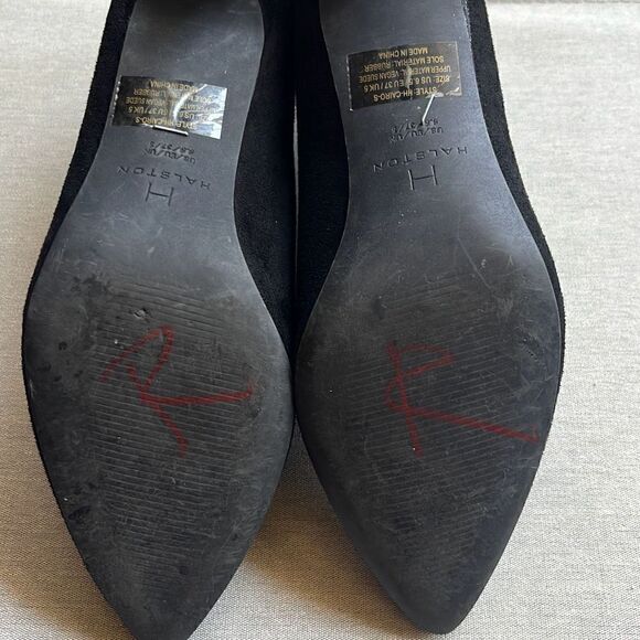 Halston Cairo Womens 6.5 Ankle Booties Boots Black Suede Stiletto Heel Back Zip - Picture 5 of 8